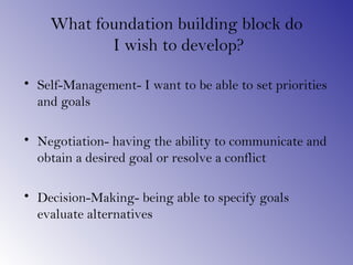 What foundation building block do
           I wish to develop?

• Self-Management- I want to be able to set priorities
  and goals

• Negotiation- having the ability to communicate and
  obtain a desired goal or resolve a conflict

• Decision-Making- being able to specify goals
  evaluate alternatives
 