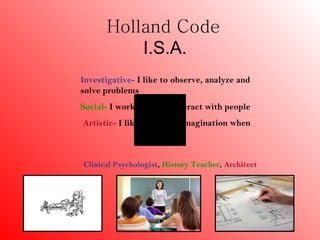 Holland Code
          I.S.A.
Investigative- I like to observe, analyze and
solve problems
Social- I work well and interact with people
Artistic- I like to use my imagination when
                    working


Clinical Psychologist, History Teacher, Architect
 