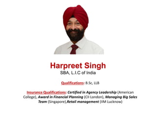 Harpreet Singh
SBA, L.I.C of India
Qualifications: B.Sc, LLB
Insurance Qualifications: Certified in Agency Leadership (American
College), Award in Financial Planning (CII London), Managing Big Sales
Team (Singapore),Retail management (IIM Lucknow)
 