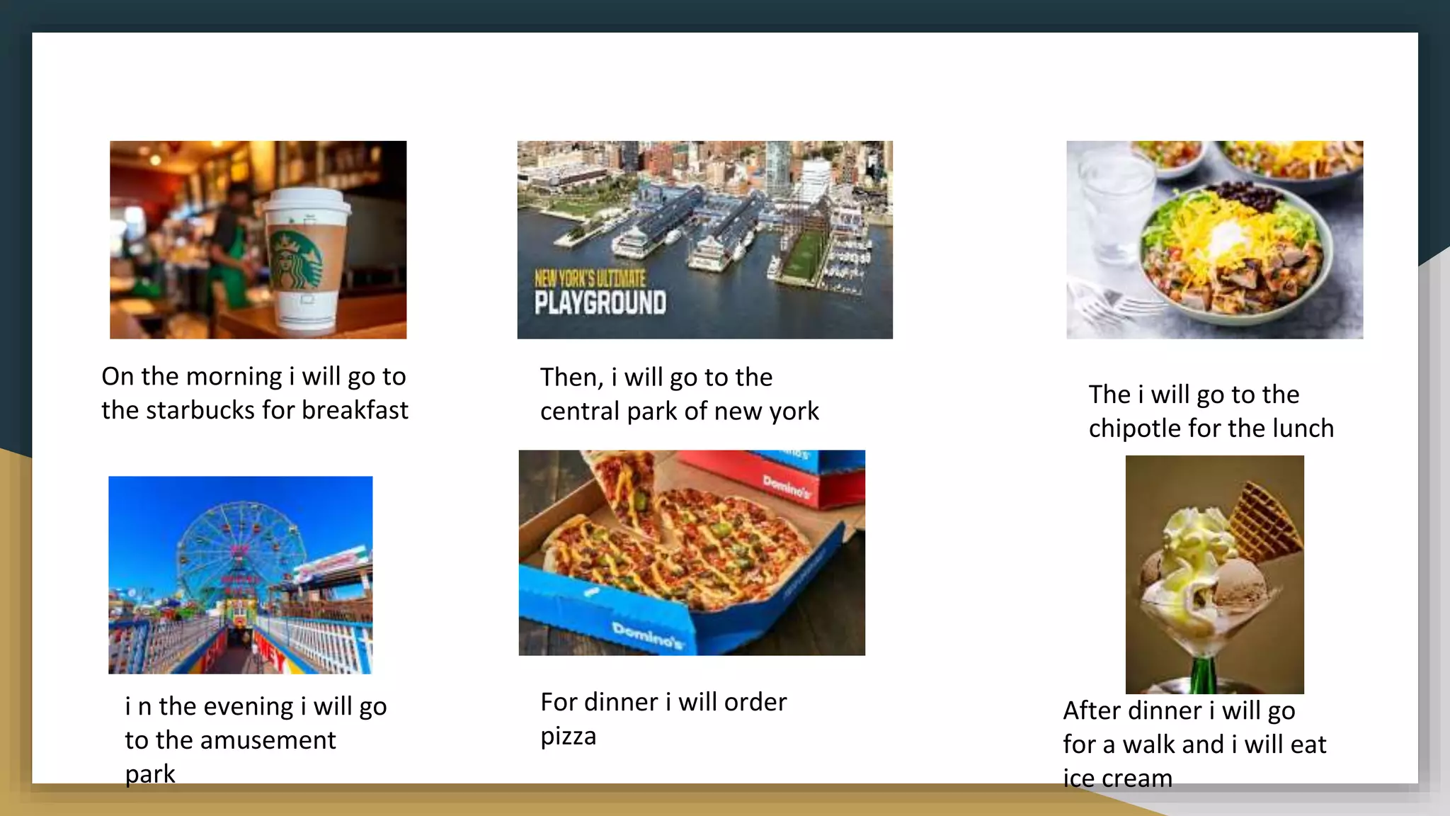 On the morning i will go to
the starbucks for breakfast
Then, i will go to the
central park of new york
The i will go to the
chipotle for the lunch
i n the evening i will go
to the amusement
park
For dinner i will order
pizza
After dinner i will go
for a walk and i will eat
ice cream
 