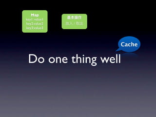 Map
key1: value1
key2:value2    /
key3:value3



                   Cache


 Do one thing well
 