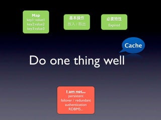 Map
key1: value1
key2:value2              /            Expired
key3:value3



                                                Cache


 Do one thing well

                    I am not...
                      persistent
               failover / redundant
                   authentication
                      RDBMS...
 