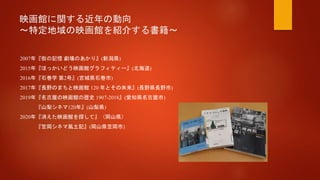 映画館に関する近年の動向
～特定地域の映画館を紹介する書籍～
2007年『街の記憶 劇場のあかり』(新潟県)
2015年『ほっかいどう映画館グラフィティー』(北海道)
2016年『石巻学 第2号』(宮城県石巻市)
2017年『長野のまちと映画館...