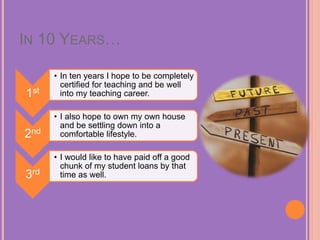 IN 10 YEARS…
1st
• In ten years I hope to be completely
certified for teaching and be well
into my teaching career.
2nd
• I also hope to own my own house
and be settling down into a
comfortable lifestyle.
3rd
• I would like to have paid off a good
chunk of my student loans by that
time as well.
 