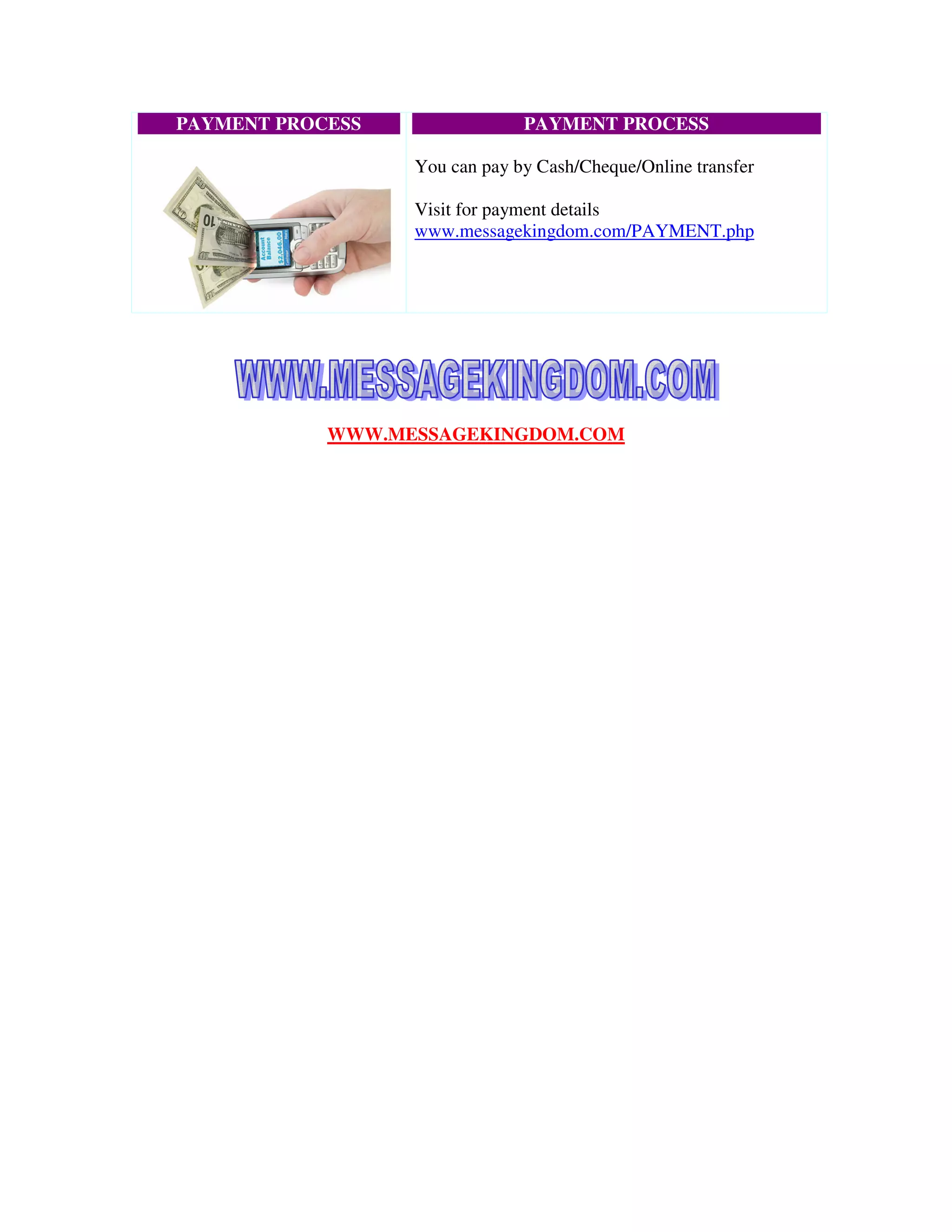 PAYMENT PROCESS                PAYMENT PROCESS

                  You can pay by Cash/Cheque/Online transfer

                  Visit for payment details
                  www.messagekingdom.com/PAYMENT.php




            WWW.MESSAGEKINGDOM.COM
 