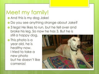 Meet my family!
 And this is my dog Jake!
 Do you see anything strange about Jake?
 3 legs! He likes to run, but he fell over and
broke his leg. So now he has 3. But he is
still a happy dog.
 This photo is a
year old, he is
healthy now.
I tried to take a
new photo
but he doesn’t like
cameras!
 