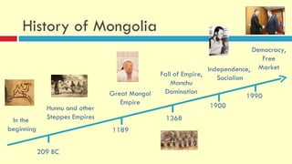 History of Mongolia
                                                                             Democracy,
                                                                                 Free
                                                               Independence, Market
                                               Fall of Empire,
                                                                  Socialism
                                                   Manchu
                                Great Mongol    Domination
                                                                            1990
                                   Empire                       1900
              Hunnu and other
 In the       Steppes Empires                   1368
beginning                       1189


            209 BC
 