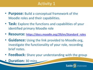 Activity 1
• Purpose: Build a conceptual framework of the
Moodle roles and their capabilities.
• Task: Explore the functions and capabilities of your
identified primary Moodle role
• Resource: https://docs.moodle.org/29/en/Standard_roles
• Guidance: Using the link provided to Moodle.org,
investigate the functionality of your role, recording
brief notes.
• Feedback: Share your understanding with the group
• Duration: 30 mins
 