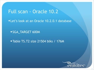 Full scan - Oracle 10.2
! Let’s look at an Oracle 10.2.0.1 database
!

! SGA_TARGET 600M
!

! Table TS.T2 size 21504 blks / 176M

!17

 