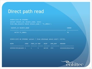 Direct path read
SYS@v11203 AS SYSDBA> !
select object_id, object_name, owner !
from dba_objects where object_name = 'T1_SMALL';!

!

OBJECT_ID OBJECT_NAME

OWNER!

---------- ------------------------------------------------------ -------------!
66729 T1_SMALL

TS!

!
!
SYS@v11203 AS SYSDBA> select * from x$kcboqh where obj# = 66729;!

!
ADDR

INDX

INST_ID TS#

OBJ#

NUM_BUF

HEADER!

---------------- ------ ------- ------ ------- ---------- ----------------!
FFFFFD7FFC6E1EF0 0

1

5

66729

979

0000000390437840!

!38

 