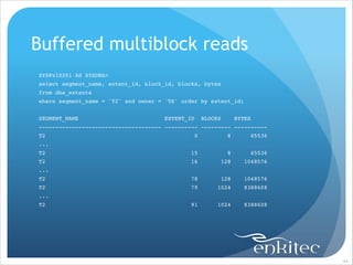 Buffered multiblock reads
SYS@v10201 AS SYSDBA> !
select segment_name, extent_id, block_id, blocks, bytes!
from dba_extents !
where segment_name = 'T2' and owner = 'TS' order by extent_id;!

!
SEGMENT_NAME

EXTENT_ID

BLOCKS

BYTES!

------------------------------------- ---------- --------- ----------!
T2

0

8

65536!

T2

15

8

65536!

T2

16

128

1048576!

T2

78

128

1048576!

T2

79

1024

8388608!

91

1024

8388608

...!

...!

...!
T2

!44

 