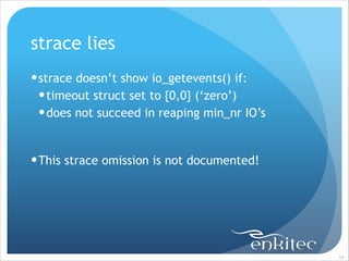 strace lies
! strace doesn’t show io_getevents() if:
! timeout struct set to {0,0} (‘zero’)
! does not succeed in reaping min_nr IO’s
!

! This strace omission is not documented!

!54

 