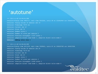 ‘autotune’
*** 2011-11-28 22:58:54.988!
kcblsinc:Timing time 2962717, wait time 2923226, ratio 98 st 253662983 cur 256625702!
kcblsinc: Timing curidx 19 session idx 19!
kcblsinc: Timestamp 70270 ms!
kcblsinc: Current idx 19!
kcblsinc: Slave idx 19!
kcblsinc: Number slots 2!
kcblsinc: Number of slots per session 2!
kcblsinc: Previous throughput 11210 state 1!
kcblsinc: adaptive direct read mode 1, adaptive direct write mode 0!
kcblsinc: Adding extra slos 1!

!

*** 2011-11-28 22:58:58.999!
kcblsinc:Timing time 4011239, wait time 3528563, ratio 87 st 256625785 cur 260637026!
kcblsinc: Timing curidx 20 session idx 20!
kcblsinc: Timestamp 74170 ms!
kcblsinc: Current idx 20!
kcblsinc: Slave idx 20!
kcblsinc: Number slots 3!
kcblsinc: Number of slots per session 3!
kcblsinc: Previous throughput 12299 state 2!
kcblsinc: adaptive direct read mode 1, adaptive direct write mode 0

!84

 