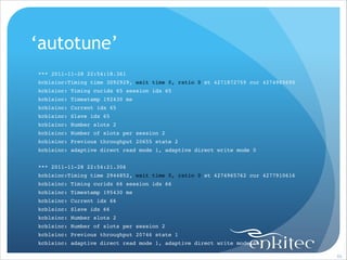 ‘autotune’
*** 2011-11-28 22:54:18.361!
kcblsinc:Timing time 3092929, wait time 0, ratio 0 st 4271872759 cur 4274965690!
kcblsinc: Timing curidx 65 session idx 65!
kcblsinc: Timestamp 192430 ms!
kcblsinc: Current idx 65!
kcblsinc: Slave idx 65!
kcblsinc: Number slots 2!
kcblsinc: Number of slots per session 2!
kcblsinc: Previous throughput 20655 state 2!
kcblsinc: adaptive direct read mode 1, adaptive direct write mode 0!

!
*** 2011-11-28 22:54:21.306!
kcblsinc:Timing time 2944852, wait time 0, ratio 0 st 4274965762 cur 4277910616!
kcblsinc: Timing curidx 66 session idx 66!
kcblsinc: Timestamp 195430 ms!
kcblsinc: Current idx 66!
kcblsinc: Slave idx 66!
kcblsinc: Number slots 2!
kcblsinc: Number of slots per session 2!
kcblsinc: Previous throughput 20746 state 1!
kcblsinc: adaptive direct read mode 1, adaptive direct write mode 0
!86

 