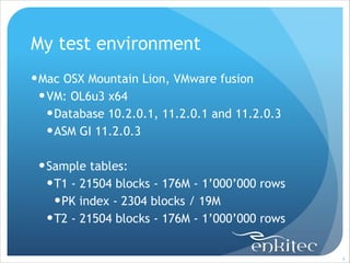 My test environment
! Mac OSX Mountain Lion, VMware fusion
! VM: OL6u3 x64
! Database 10.2.0.1, 11.2.0.1 and 11.2.0.3
! ASM GI 11.2.0.3
!

! Sample tables:
! T1 - 21504 blocks - 176M - 1’000’000 rows
! PK index - 2304 blocks / 19M
! T2 - 21504 blocks - 176M - 1’000’000 rows

!9

 