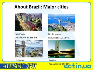 About Brazil: Major cities




São Paulo                Rio de Janeiro
Population: 11 316 149   Population: 6 355 949




Salvador                 Brasília
Population: 2 693 605    Population: 2 693 605
 