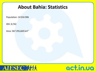 About Bahia: Statistics
Population: 14 016 906

IDH: 0,742

Area: 567 295,669 km²
 