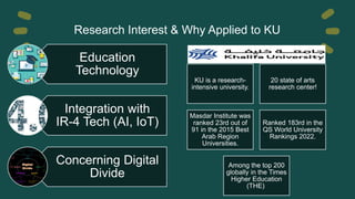 Research Interest & Why Applied to KU
Education
Technology
Integration with
IR-4 Tech (AI, IoT)
Concerning Digital
Divide
KU is a research-
intensive university.
20 state of arts
research center!
Masdar Institute was
ranked 23rd out of
91 in the 2015 Best
Arab Region
Universities.
Ranked 183rd in the
QS World University
Rankings 2022.
Among the top 200
globally in the Times
Higher Education
(THE)
 
