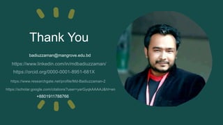 Thank You
+8801911788766
badiuzzaman@mangrove.edu.bd
 