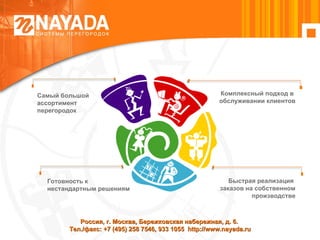 Россия, г. Москва, Бережковская набережная, д. 6.   Тел./факс: +7 (495) 258 7546, 933 1055  http://www.nayada.ru Быстрая реализация  заказов на собственном производстве Самый большой  ассортимент перегородок Готовность к нестандартным решениям Комплексный подход в  обслуживании клиентов 