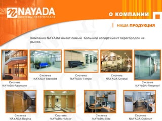 Компания  NAYADA  имеет самый  большой ассортимент перегородок на рынке. Система NAYADA-Raumann НАША  ПРОДУКЦИЯ О КОМПАНИИ Система NAYADA-Standart Система NAYADA-Tempo Система NAYADA-Crystal Система NAYADA-Fireproof Система NAYADA-Regina Система NAYADA-Hufcor Система NAYADA-Blitz Система NAYADA-Optima + 