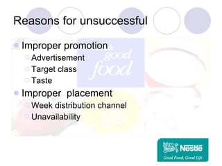 Reasons for unsuccessful Improper promotion Advertisement Target class  Taste  Improper  placement Week distribution channel  Unavailability  