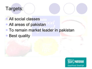 Targets: All social classes All areas of pakistan To remain market leader in pakistan  Best quality 