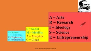 S =Science
T =Technology
E =Engineering
M =Mathematics
S = Social
M = Mobility
A = Analytics
C = Cloud
A = Arts
R = Research
I = Ideology
S = Science
E = Entrepreneurship
ARISE TRAINING & RESEARCH CENTER
 