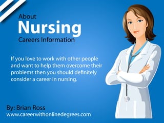 About
Careers Information
By: Brian Ross
Nursing
If you love to work with other people
and want to help them overcome their
problems then you should definitely
consider a career in nursing.
www.careerwithonlinedegrees.com
 