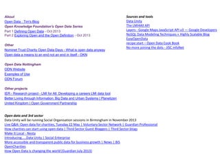 About
Open Data : Tim's Blog
Open Knowledge Foundation's Open Data Series
Part 1 Defining Open Data - Oct 2013
Part 2 Exploring Open and the Open Definition - Oct 2013
Other
Nominet Trust Charity Open Data Days - What is open data anyway
Open data a means to an end not an end in itself - OKN

Sources and tools
Data Unity
The LMI4All API
Layers - Google Maps JavaScript API v3 — Google Developers
NoSQL Data Modeling Techniques « Highly Scalable Blog
EasyOpenData
recipe:start – Open Data Cook Book
No more joining the dots - JISC infoNet

Open Data Nottingham
ODN Website
Examples of Use
ODN Forum
Other projects
IER - Research project - LMI for All: Developing a careers LMI data tool
Better Living through Information: Big Data and Urban Systems | Planetizen
United Kingdom | Open Government Partnership

Open data and 3rd sector
Data Unity will be running Social Organisation sessions in Birmingham in November 2013
Live Q&A: Open data for charities, Tuesday 22 May | Voluntary Sector Network | Guardian Professional
How charities can start using open data | Third Sector Guest Bloggers | Third Sector blogs
Make It Local - Nesta
Introducing.....Data Unity | Social Enterprise
More accessible and transparent public data for business growth | News | BIS
OpenCharities
How Open Data is changing the world (Guardian July 2013)

 