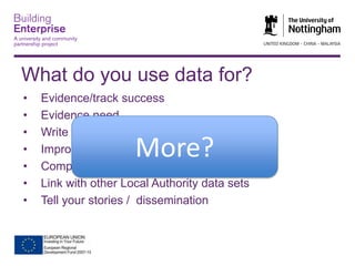 What do you use data for?
•
•
•
•
•
•
•

Evidence/track success
Evidence need
Write funding proposals
Improve services
Compare with others in sector
Link with other Local Authority data sets
Tell your stories / dissemination

More?

 
