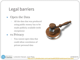 Lorenzino Vaccari, Juan Pane 22/06/201654
Legal barriers
● Open the Data
○ All the data that was produced
using public money has to be
made publicly available (with
exceptions)
● vs Privacy
○ You cannot open data that
could allow correlation of
private personal data
http://s177.photobucket.com/user/sealth2828/media/gavel.jpg.html
 