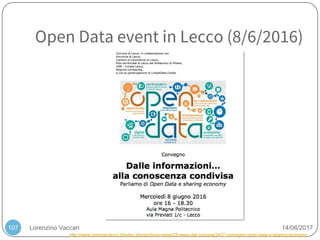 Lorenzino Vaccari 14/06/2017
Open Data event in Lecco (8/6/2016)
107
http://www.comune.lecco.it/index.php/archivio-news/23-news-dal-comune/2437-convegno-open-data-e-sharing-economy
 