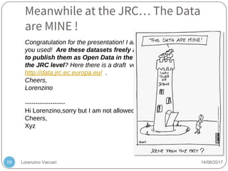 Lorenzino Vaccari 14/06/201759
Congratulation for the presentation! I am curious about the data
you used! Are these datasets freely available? Would you like
to publish them as Open Data in the catalog we are creating at
the JRC level? Here there is a draft version:
http://data.jrc.ec.europa.eu/ .
Cheers,
Lorenzino
-------------------
Hi Lorenzino,sorry but I am not allowed to publish my dataset.
Cheers,
Xyz
Meanwhile at the JRC… The Data
are MINE !
 