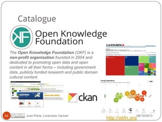 Catalogue
08/10/2013Juan Pane, Lorenzino Vaccari69
The Open Knowledge Foundation (OKF) is a
non-profit organisation founded in 2004 and
dedicated to promoting open data and open
content in all their forms – including government
data, publicly funded research and public domain
cultural content.
http://okfn.org
 