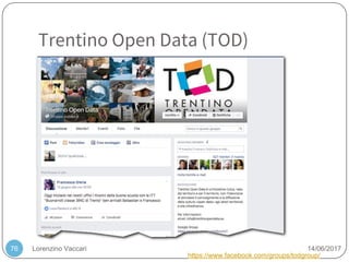Lorenzino Vaccari 14/06/2017
Trentino Open Data (TOD)
76
https://www.facebook.com/groups/todgroup/
 