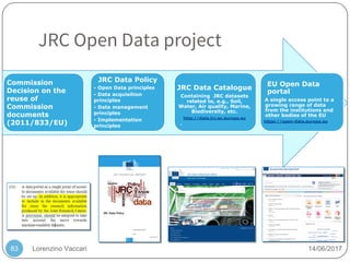 Lorenzino Vaccari 14/06/2017
JRC Open Data project
83
JRC Data Policy
- Open Data principles
- Data acquisition
principles
- Data management
principles
- Implementation
principles
JRC Data Catalogue
Containing JRC datasets
related to, e.g., Soil,
Water, Air quality, Marine,
Biodiversity, etc.
http://data.jrc.ec.europa.eu
.
EU Open Data
portal
A single access point to a
growing range of data
from the institutions and
other bodies of the EU
https://open-data.europa.eu
Commission
Decision on the
reuse of
Commission
documents
(2011/833/EU)
 