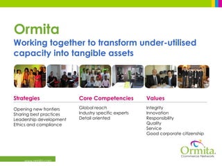 Ormita ,[object Object],Values Integrity Innovation Responsibility Quality Service Good corporate citizenship Core Competencies Global reach Industry specific experts Detail oriented Strategies Opening new frontiers Sharing best practices Leadership development Ethics and compliance 
