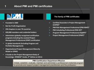  Certified Associate in Project Management
(CAPM)®
 PMI Risk Management Professional (PMI-RMP)®
 PMI Scheduling Professional (PMI-SP)®
 Program Management Professional (PgMP)®
 Project Management Professional (PMP)®
• Founded in 1969
• Not for Profit Organization
• 250 chapters in over 70 countries
• 420,000 members and credential holders
• Administers globally recognized certification
programs including the coveted Project
Management Professional (PMP) certification
• 11 global standards (including Program and
Portfolio Management)
• Organizational Project Management Maturity
Model or OPM3
• A Guide to the Project Management Body of
Knowledge (PMBOK® Guide, 4th Edition at 2011)
1 About PMI and PMI certificates
The family of PMI certificates
PMI
PMI Certification Department Mission
Initiate, establish, evaluate, maintain and administer a professional credential program
to promote and support project management practitioners and the profession.
 