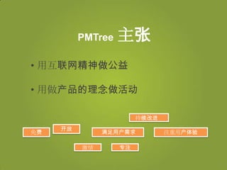 PMTree   主张
• 用互联网精神做公益

• 用做产品的理念做活动

                        持续改进
     开放
免费             满足用户需求          注重用户体验

          激情       专注
 