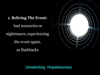 1. Reliving The Event:
bad memories or
nightmares, experiencing
the event again,
as flashbacks
Unrelenting Hopelessness
 