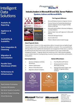Pragmatic Works
400 College Dr. Suite 216
Middleburg, FL 32068
Hotline: 904-638-5743
sales@pragmaticworks.com
www.pragmaticworks.com
Intelligent
Data
Solutions
Analytics &
Reporting
Appliance &
Cloud
Availability &
Scalability
Data Integration &
Cleansing
Migration &
Consolidation
Parallel Data
Warehouse (PDW)
Performance &
Infrastructure
IndustryleadersinMicrosoftBIandSQLServerPlatform
Speakers,AuthorsandMicrosoftMVPs
AboutPragmaticWorks
Pragmatic Works’ mission is to help organizations deliver increased value and agility though
innovative data solutions in the Microsoft data platform ecosystem. This is accomplished by
offering software that simplifies the development and management of SQL Server, as well as
by delivering top-tier SQL Server trainers and consultants for your most complex data
management projects. Pragmatic Works has served more than 7,200 customers globally,
across multiple industries including banking, insurance, financial, automotive and education,
among others.
ThePragmaticDifference
 Microsoft National Systems Integrator Partner
 Premier Partner for Parallel Data Warehouse
Systems Integrator Partner Program & PDW
Partner of the Year
 Microsoft Gold Certified in Business Intelligence
and Data Platform
 National Sales Team with alignment to Microsoft
districts
 Nationally Managed Partner
 Azure Inside Circle
 Platform Modernization & Safe Passage
 Business Intelligence and Data
Warehouse
 Platform Optimization
 Mission Critical SQL Server
 Migrations (Oracle Compete)
CoreCompetencies MarketDifferentiators
 Pure Play Microsoft Partner
 Strong Investment to Drive
Microsoft Licensing
 Demand Generation Engine, over
180,000 in Pragmatic Works
database
Rapid Solution Prototyping
Complete DW Solution
SQL Server Systems Evaluation
SQL Server Project Consulting
Virtual Mentoring
 