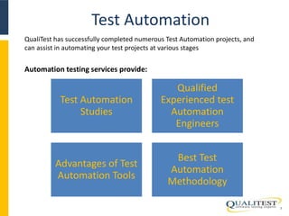Test Automation 
7 
QualiTest has successfully completed numerous Test Automation projects, and 
can assist in automating your test projects at various stages 
Automation testing services provide: 
Test Automation 
Studies 
Qualified 
Experienced test 
Automation 
Engineers 
Advantages of Test 
Automation Tools 
Best Test 
Automation 
Methodology 
 