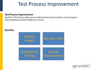 Test Process Improvement 
8 
Test Process Improvement 
QualiTest’s TPI solution allows you to understand the present position of your program 
while providing you with strategies for success 
Benefits: 
Quality 
Insight 
No Lead Time 
Competitive 
Pricing 
Quality 
Improvement 
 