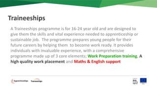 A Traineeships programme is for 16-24 year old and are designed to
give them the skills and vital experience needed to apprenticeship or
sustainable job. The programme prepares young people for their
future careers by helping them to become work ready. It provides
individuals with invaluable experience, with a comprehensive
programme made up of 3 core elements; Work Preparation training, A
high quality work placement and Maths & English support
Traineeships
 