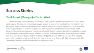 Todd Burnet (Manager) – Electro Wind
“It has certainly been interesting to see how Qube Learning and Dawn Greenwood (Tutor) were
dedicated to this scheme, ensuring our needs, as well as that of her candidate we not just met but
exceeded. Dawn ensured Mr Bailey (Trainee) was receiving the training and support he required to
not only gain passes in assorted subjects but also improve his confidence within himself. With
Dawn’s extensive knowledge and experience, she guided us through the benefits and requirements of
the Traineeship and Apprenticeship schemes to ensure that Qube delivered on their promises. Dawn
has been friendly and approachable, dedicated and professional, and it is our hope that we (and
successive candidates) will benefit from her talents in the near future. Mr Bailey has completed his
Traineeship and has now advanced onto an Apprenticeship”.
Success Stories
 