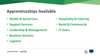 Apprenticeships Available
• Health & Social Care
• Support Services
• Leadership & Management
• Business Services
• Logistics
• Hospitality & Catering
• Retail & Commercial
• IT Users
 