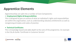 Apprenticeships are split into a number of Core Components:
• Employment Rights & Responsibilities
This is designed to give an outline of what an individual’s rights and responsibilities
are within the organisation, such as understanding statutory entitlements as well as
recognising principles and codes of practice
• Technical Certificates
This is knowledge based and adds depth to the core of the programme. An example
is the City & Guilds ‘Certificate in Customer Service’
Apprentice Elements
 