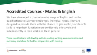 We have developed a comprehensive range of English and maths
qualifications to suit your employees’ individual needs. They are
designed to provide them with the chance to gain useful, transferable
skills to help them function more confidently, effectively and
independently in their work and life in general.
These qualifications will develop skills in reading, writing, communication and
numeracy and allow for further progression with training.
Accredited Courses - Maths & English
 