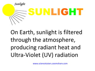 On Earth, sunlight is filtered through the atmosphere, producing radiant heat and Ultra-Violet (UV) radiation SUN LI G H T www.sciencetutors.zoomshare.com   